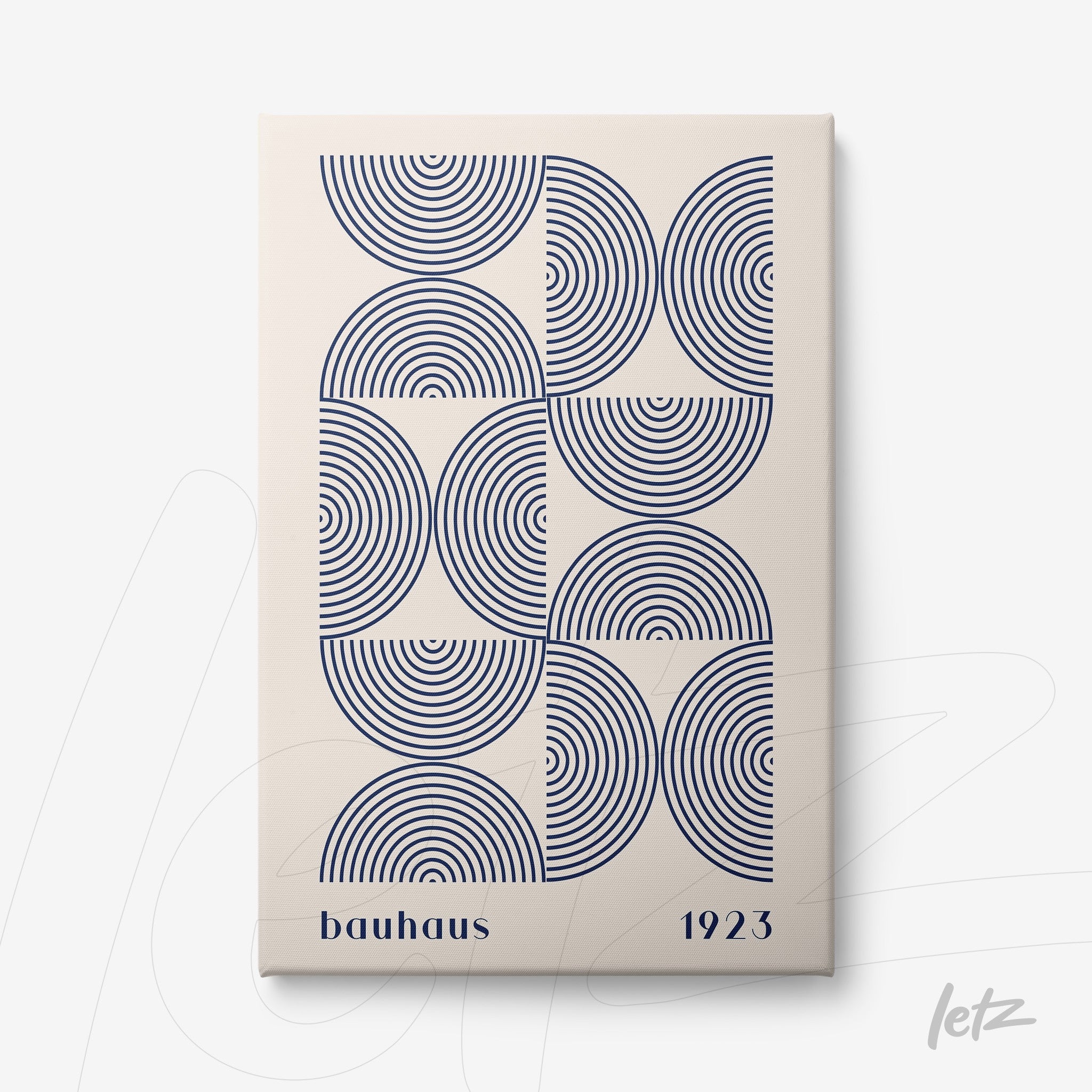 canvas print featuring blue circular patterns in bauhaus style with '1923' text on beige background