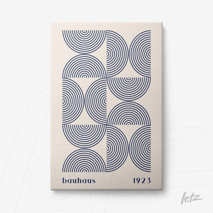 canvas print featuring blue circular patterns in bauhaus style with '1923' text on beige background