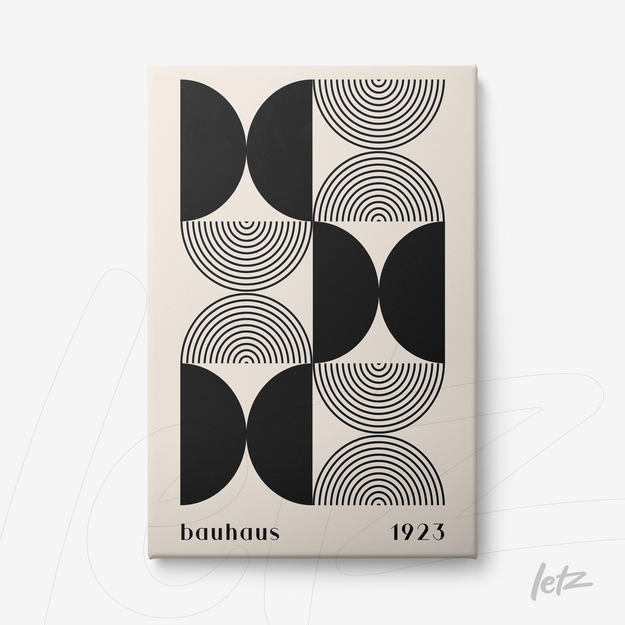 poster print with bauhaus style abstract design featuring black geometric shapes on light gray background