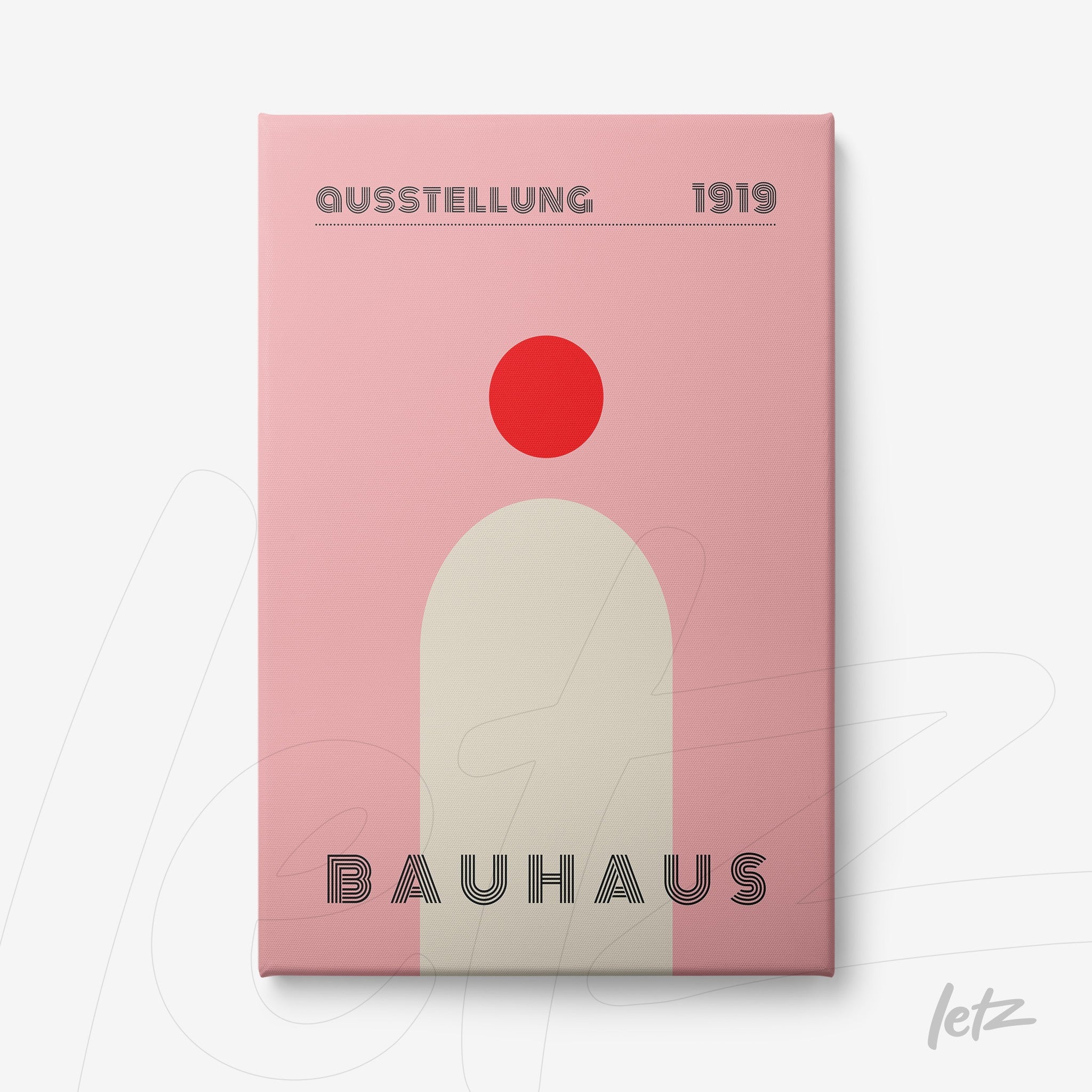 canvas art in Bauhaus style featuring minimalist geometric shapes in pink and red, displayed on a light background