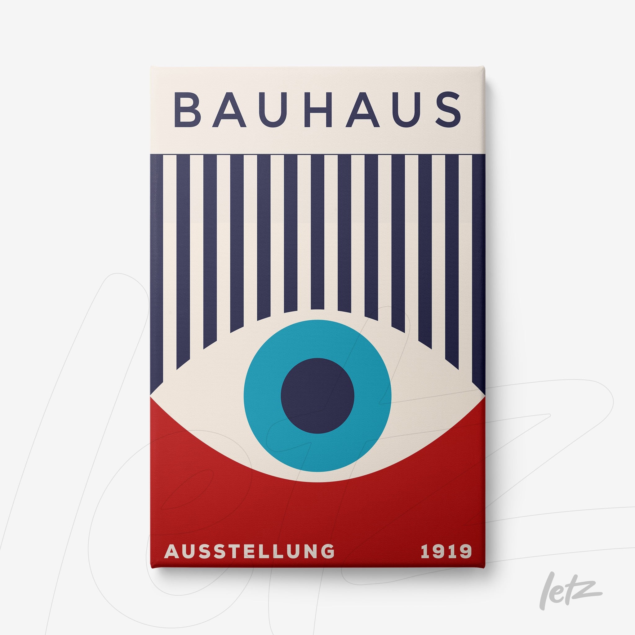 canvas print with Bauhaus-inspired art in blue, red, and white geometric shapes with the text Ausstellung 1919