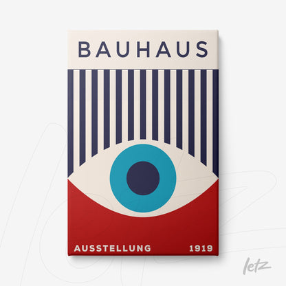 canvas print with Bauhaus-inspired art in blue, red, and white geometric shapes with the text Ausstellung 1919