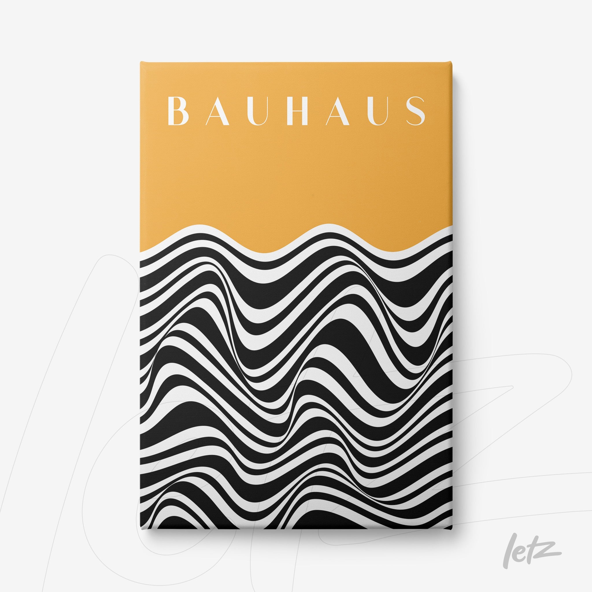 canvas print featuring abstract Bauhaus style art with black and white waves and mustard yellow top section