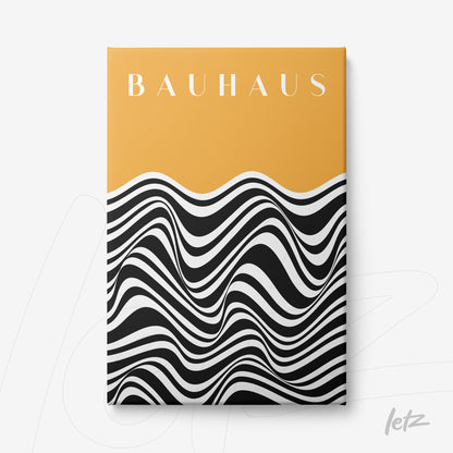 canvas print featuring abstract Bauhaus style art with black and white waves and mustard yellow top section