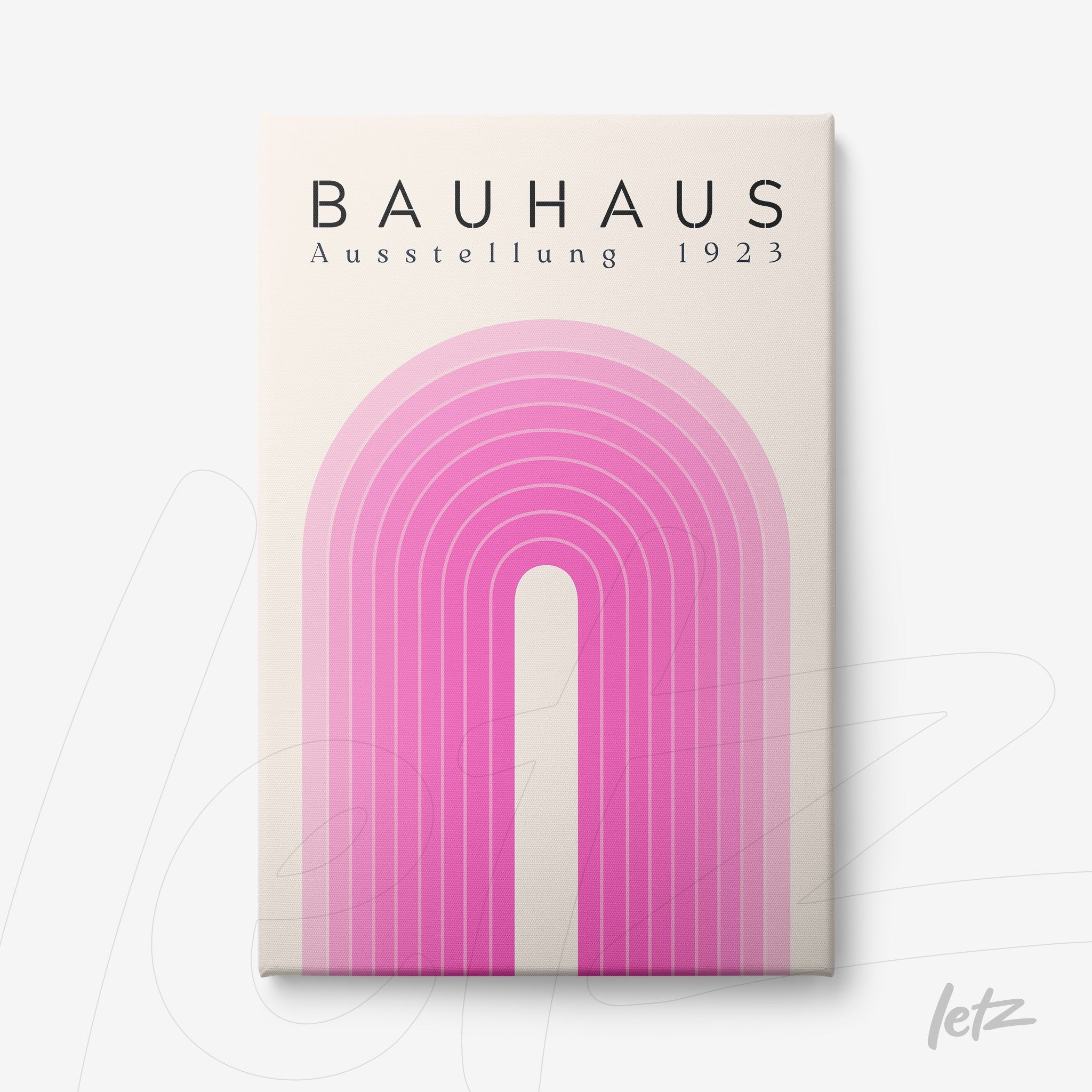 poster print featuring pink arc geometric design with 'bauhaus ausstellung 1923' text displayed on a white background