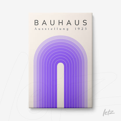 canvas print with geometric art in purple tones, inspired by Bauhaus style featuring an arch and top text