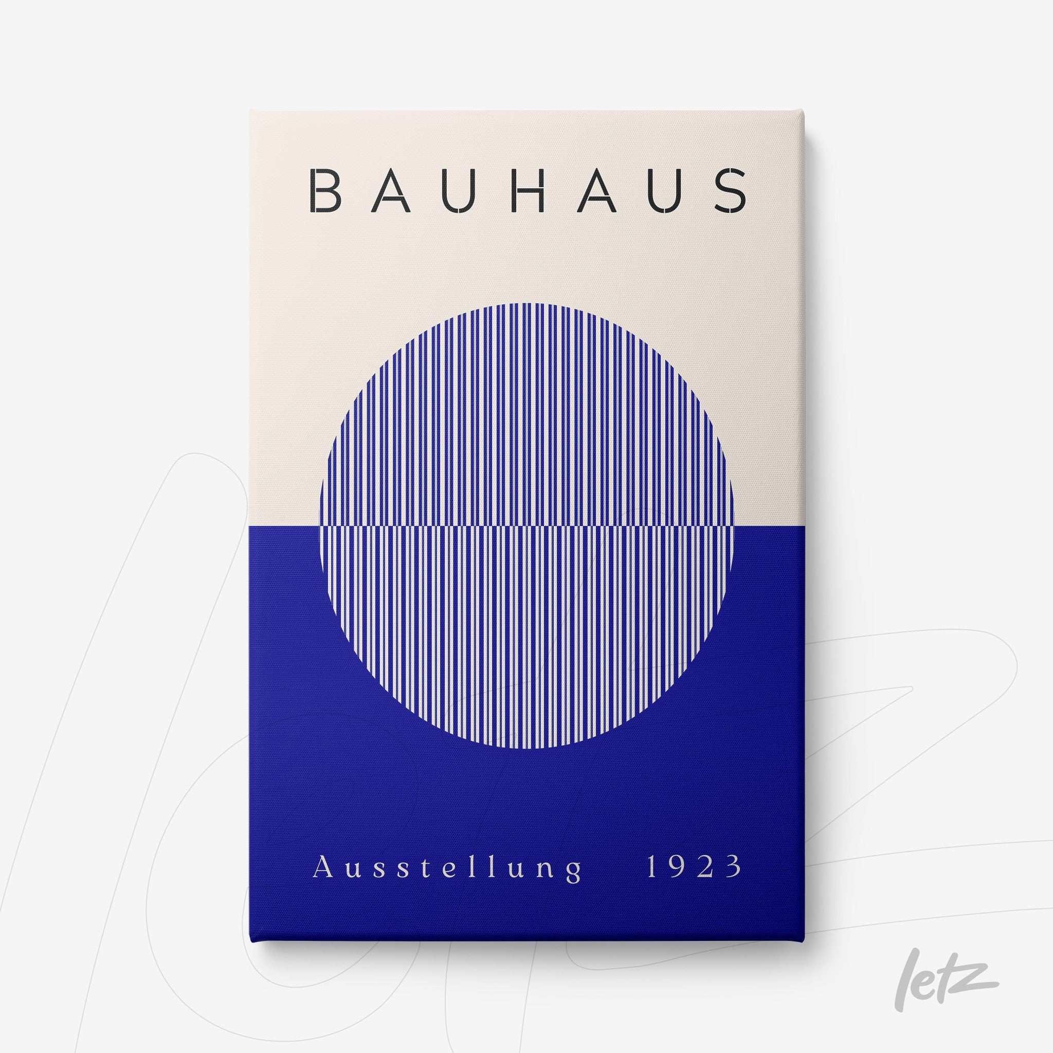 Bauhaus style poster featuring a circle of vertical lines in blue and beige