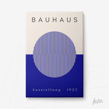 Bauhaus style poster featuring a circle of vertical lines in blue and beige