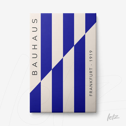 canvas art featuring vertical blue and cream stripes in bauhaus style with the word 'bauhaus' written vertically and 'frankfurt - 1919' on the right side