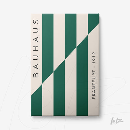canvas print featuring geometric Bauhaus style art in green and white with vertical text