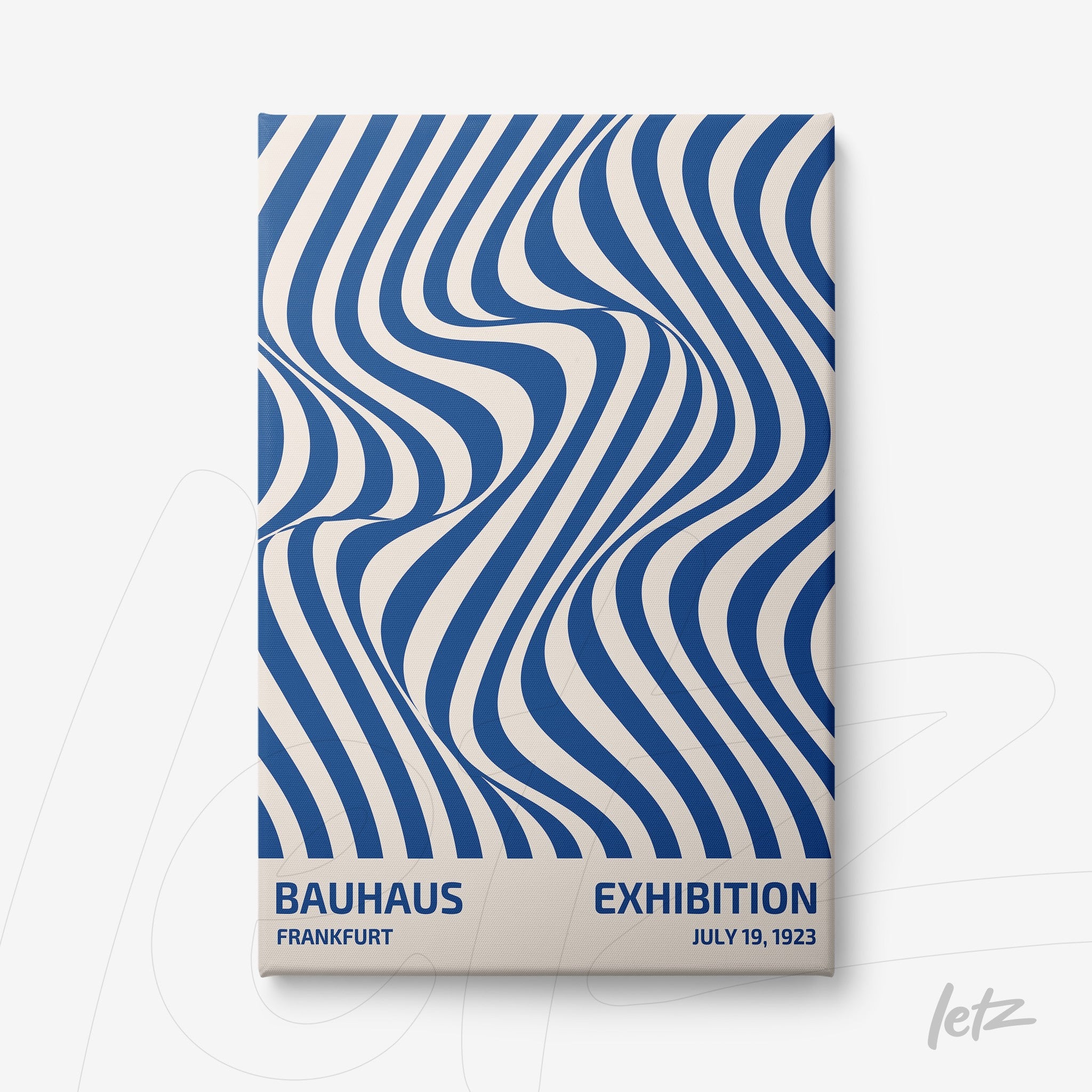 poster print featuring abstract blue and white wave design in Bauhaus style, displayed unframed on white background