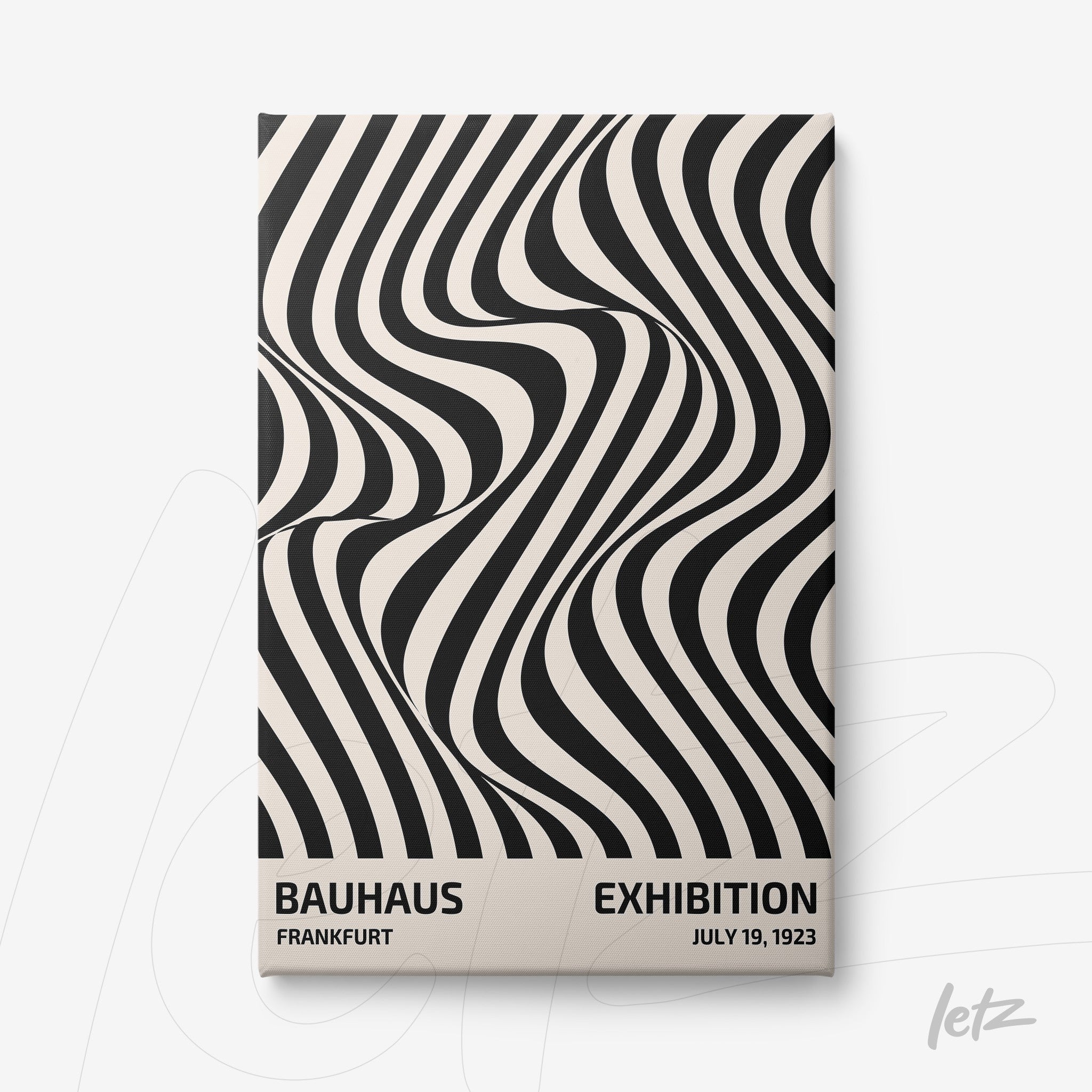 abstract poster with black and white wavy lines in a hypnotic pattern and text about Bauhaus exhibition