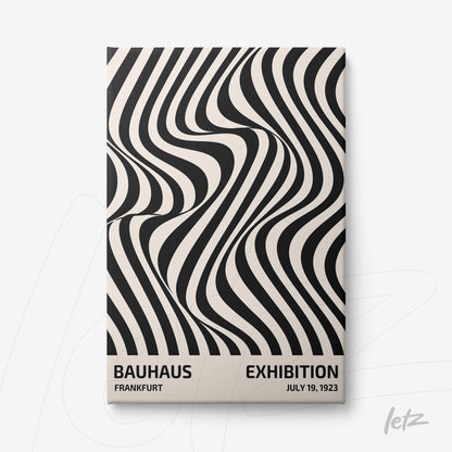 abstract poster with black and white wavy lines in a hypnotic pattern and text about Bauhaus exhibition