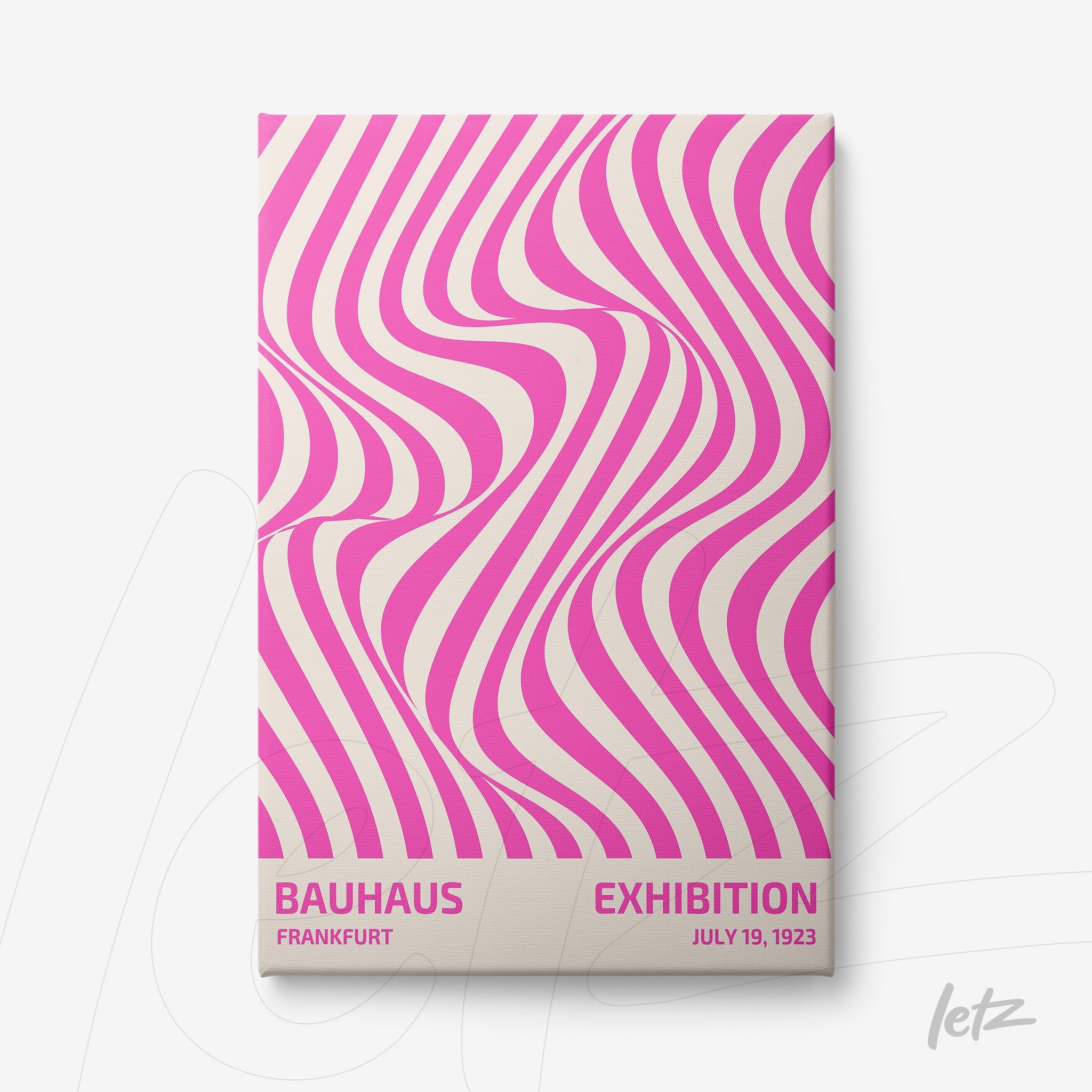 poster featuring abstract pink and white wavy lines design with text about bauhaus exhibition in july 1923