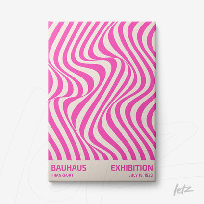 poster featuring abstract pink and white wavy lines design with text about bauhaus exhibition in july 1923