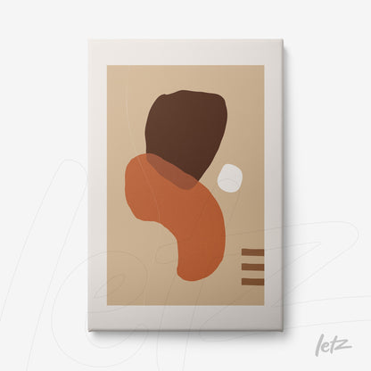 canvas print with abstract shapes in earthy tones and white details on a beige background