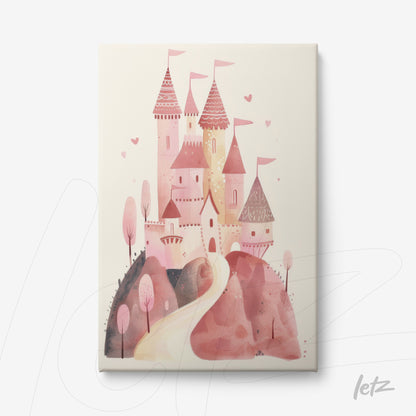 canvas print featuring a pink castle surrounded by soft-toned trees