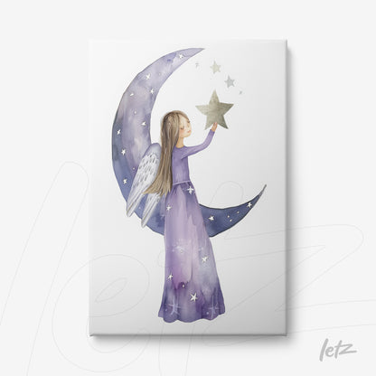canvas print featuring an illustration of a girl in a purple dress holding a star next to a crescent moon on a white background