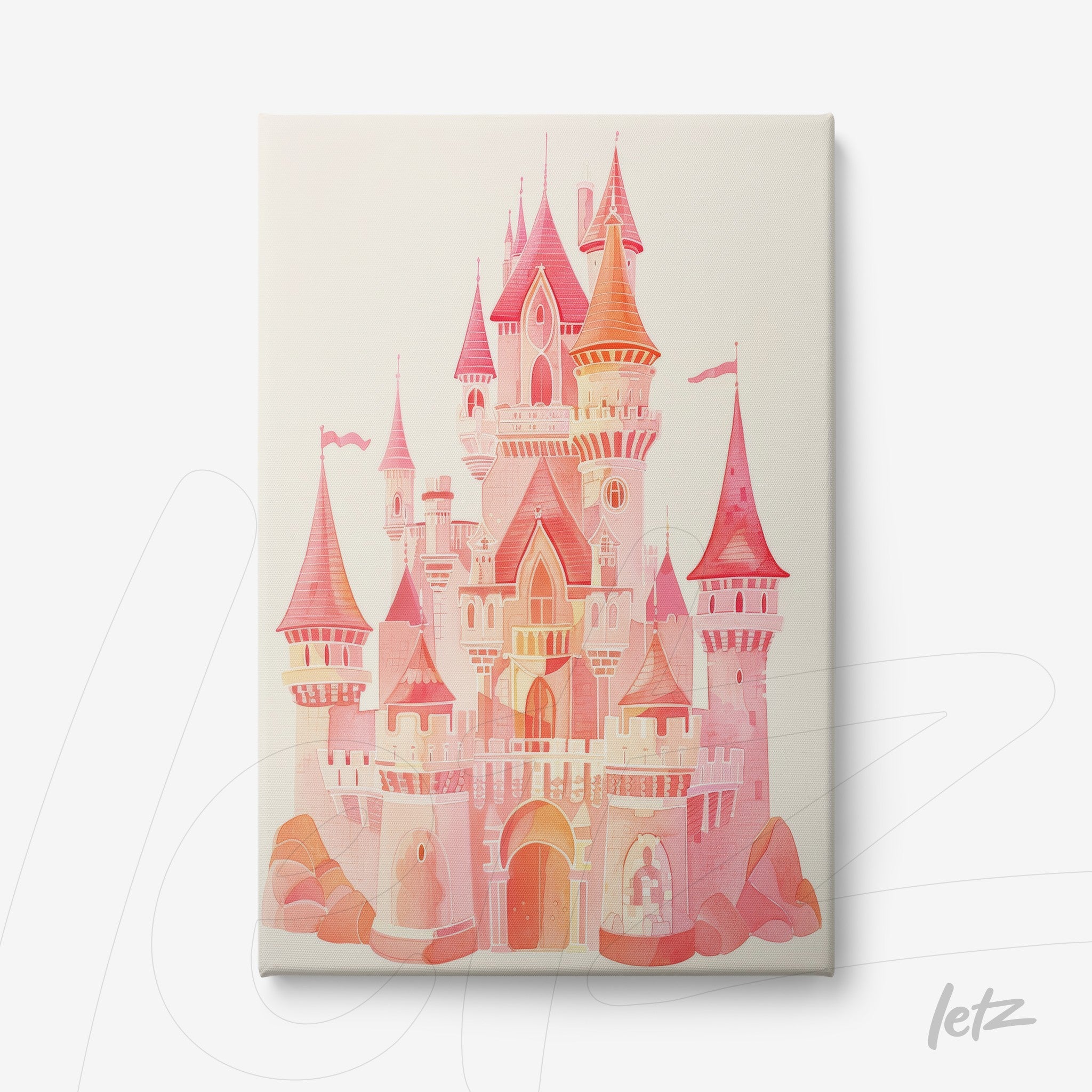 digital art of a pink castle with towers and red details on light background