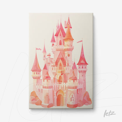 digital art of a pink castle with towers and red details on light background