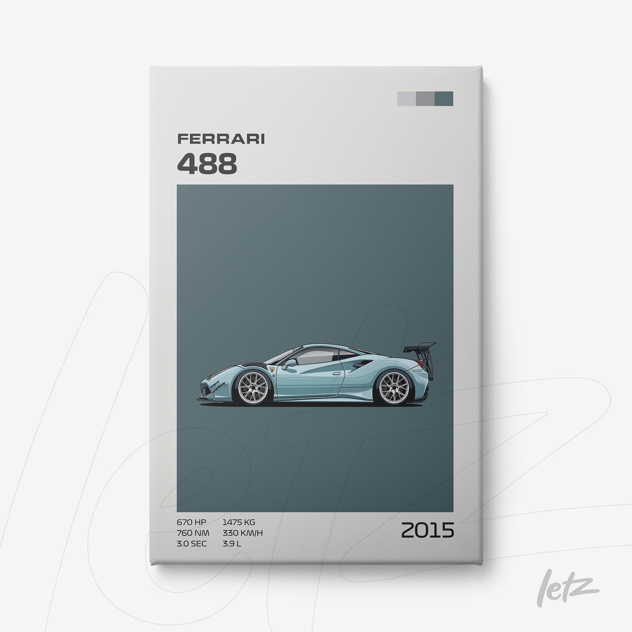 framed wall art featuring a stylized illustration of a Ferrari 488 on a blue background with model specifications