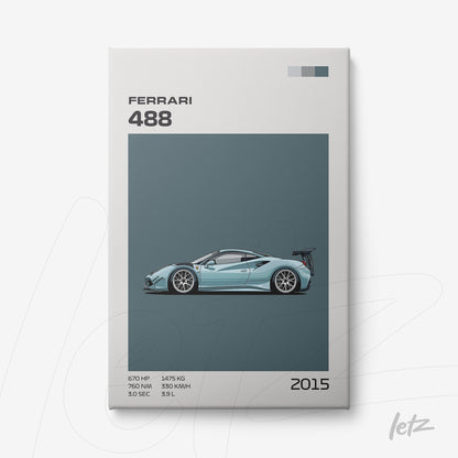 framed wall art featuring a stylized illustration of a Ferrari 488 on a blue background with model specifications