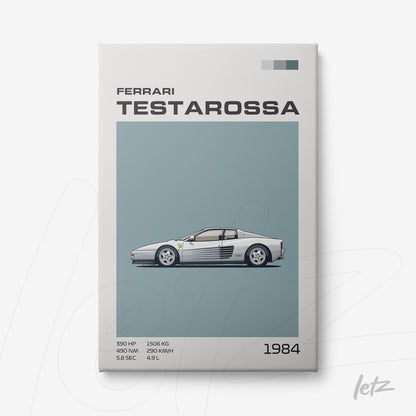 canvas print featuring an illustration of a Ferrari Testarossa on a light blue background
