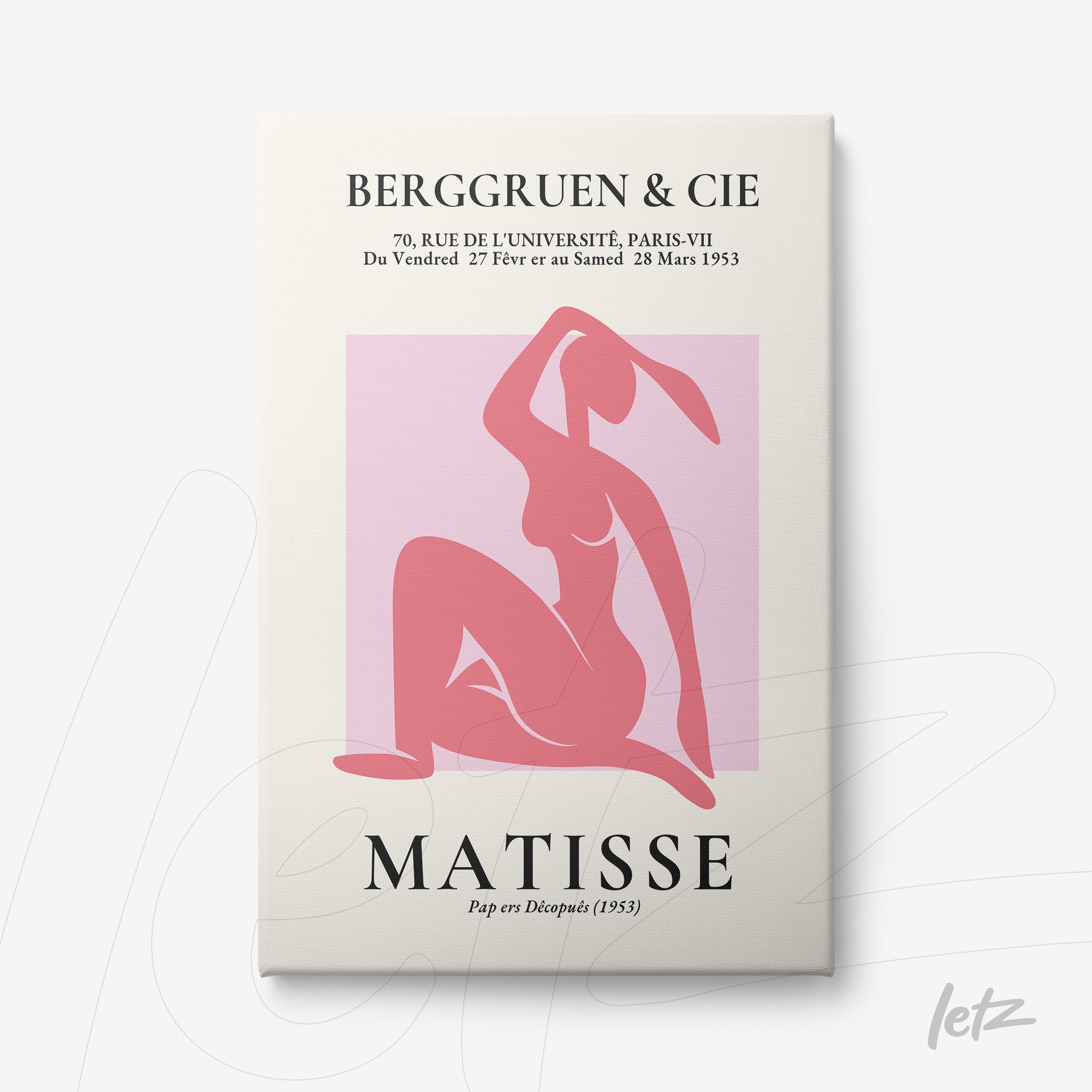 framed wall art featuring abstract design in pink tones, showcasing a seated female figure, with a white frame and stylized black text