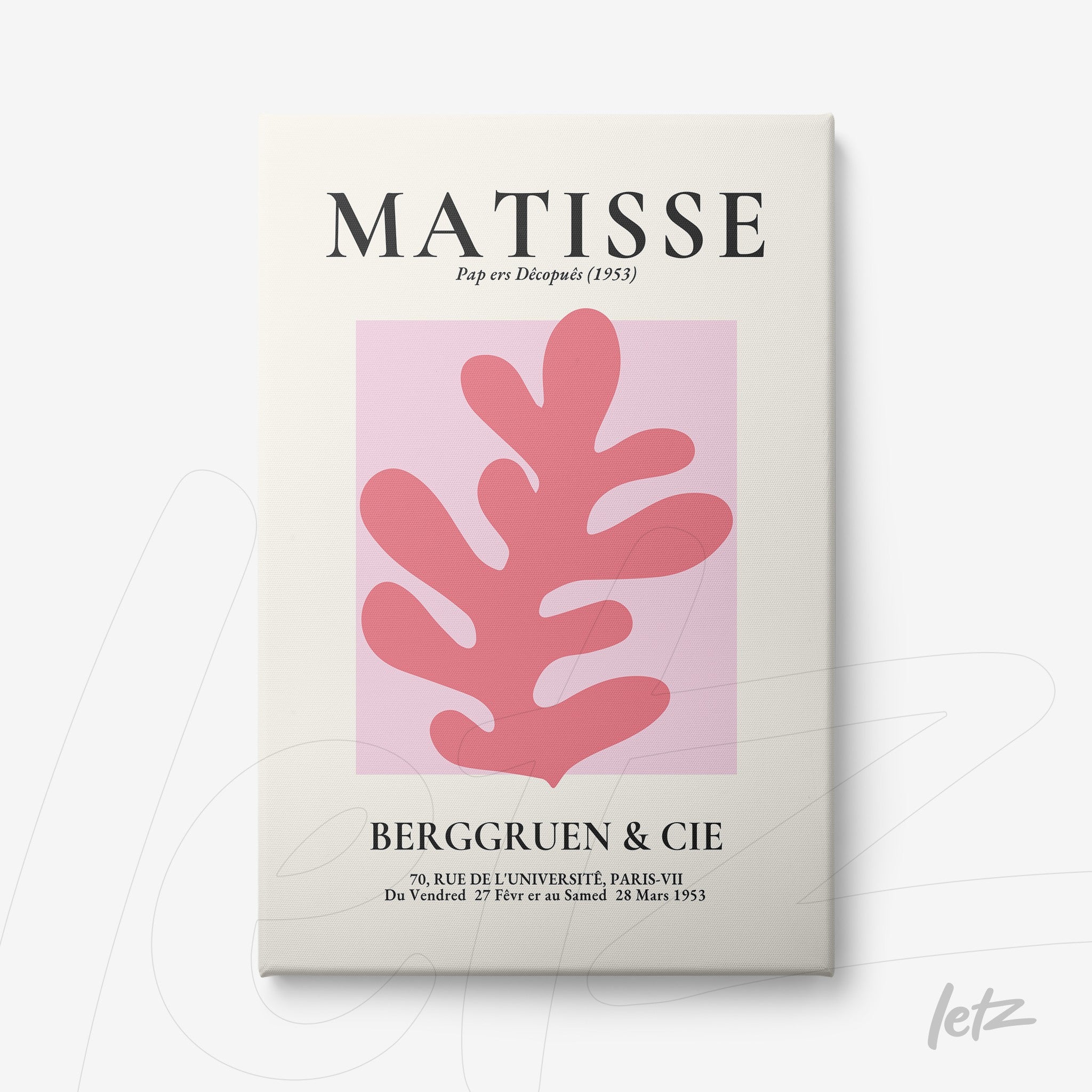 modern decorative wall art featuring pink background and light pink organic shapes inspired by Henri Matisse with white frame