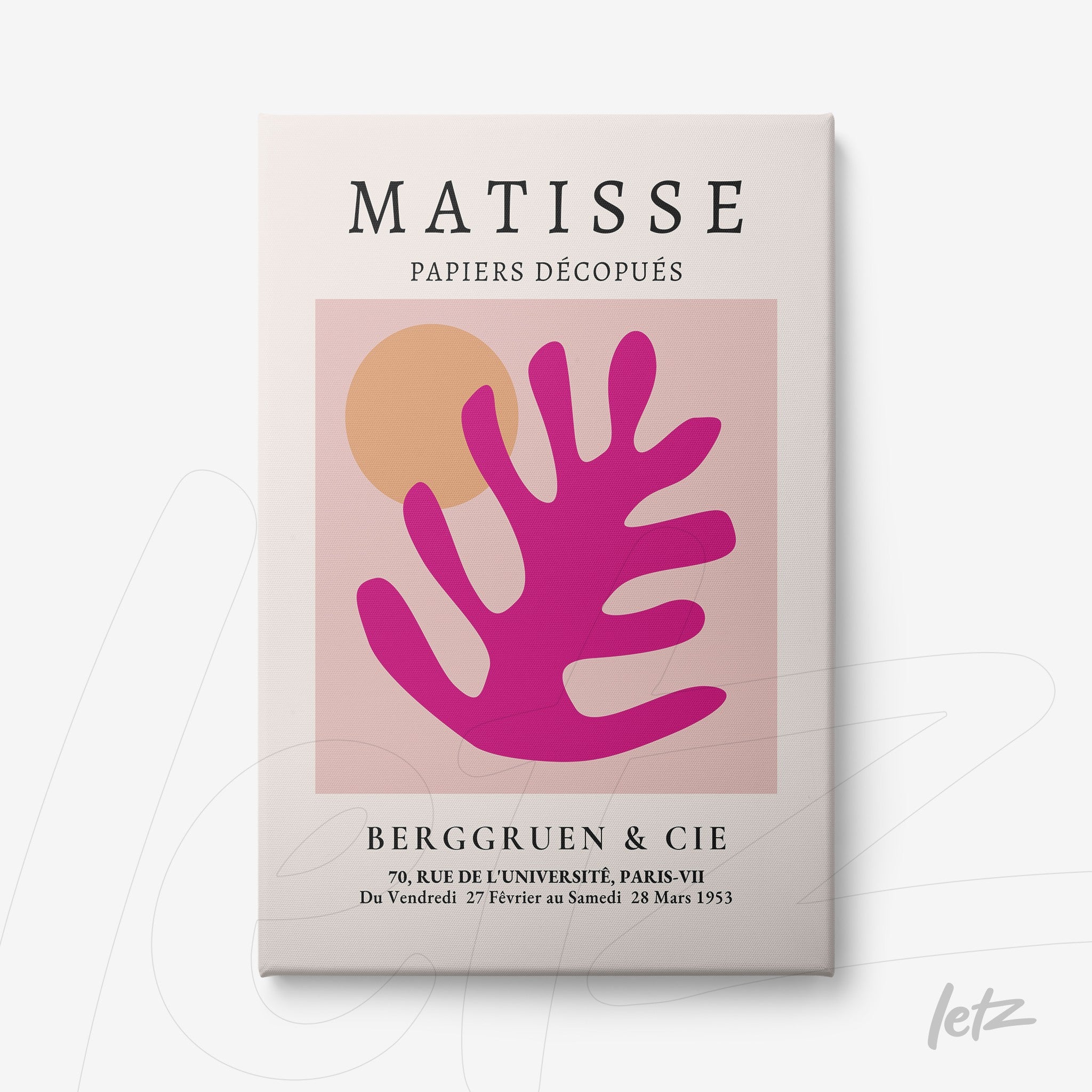 framed wall art featuring vibrant abstract design with a stylized pink plant against a light background, highlighted by classical typography