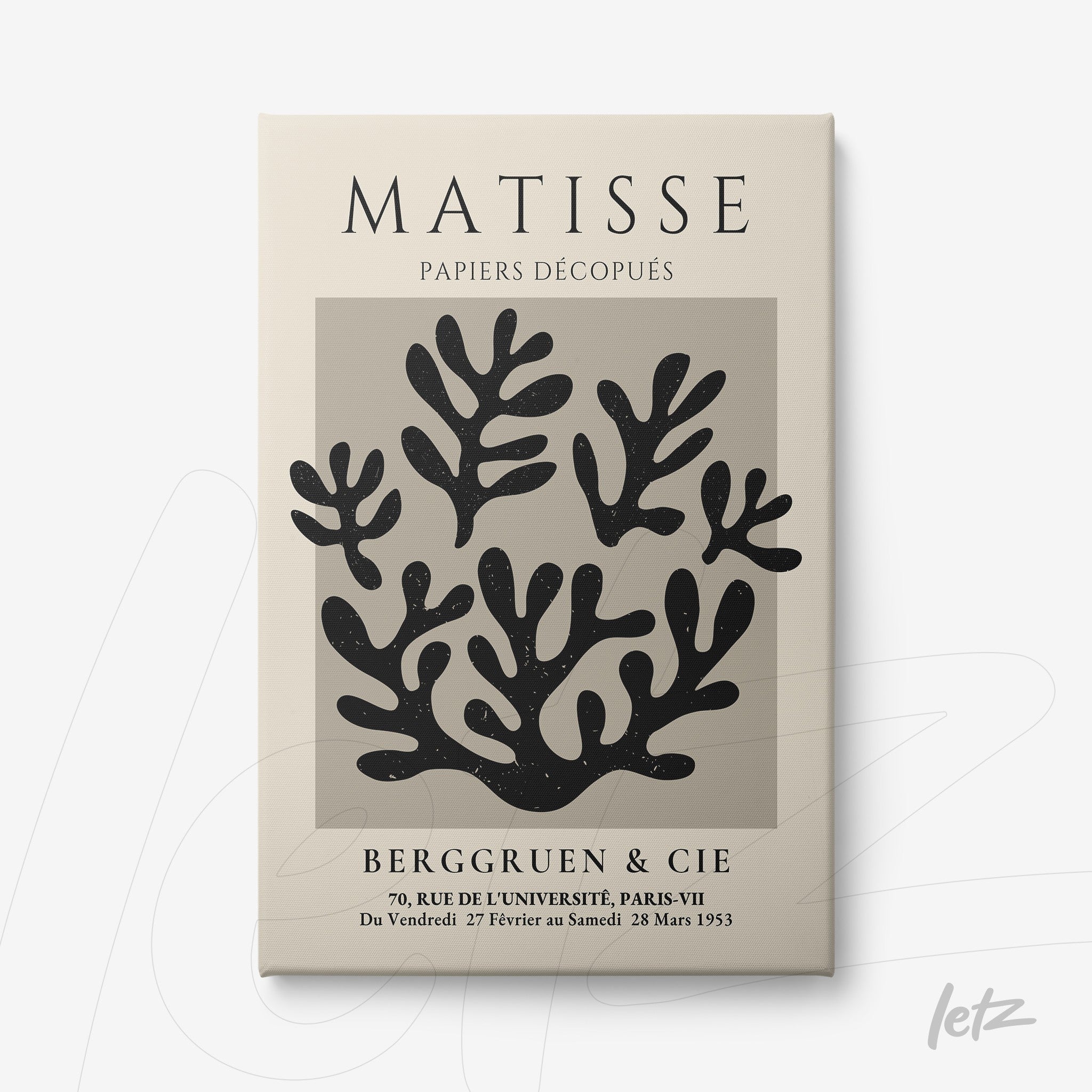 modern inspired art piece reminiscent of Matisse featuring black seaweed shapes on a neutral background