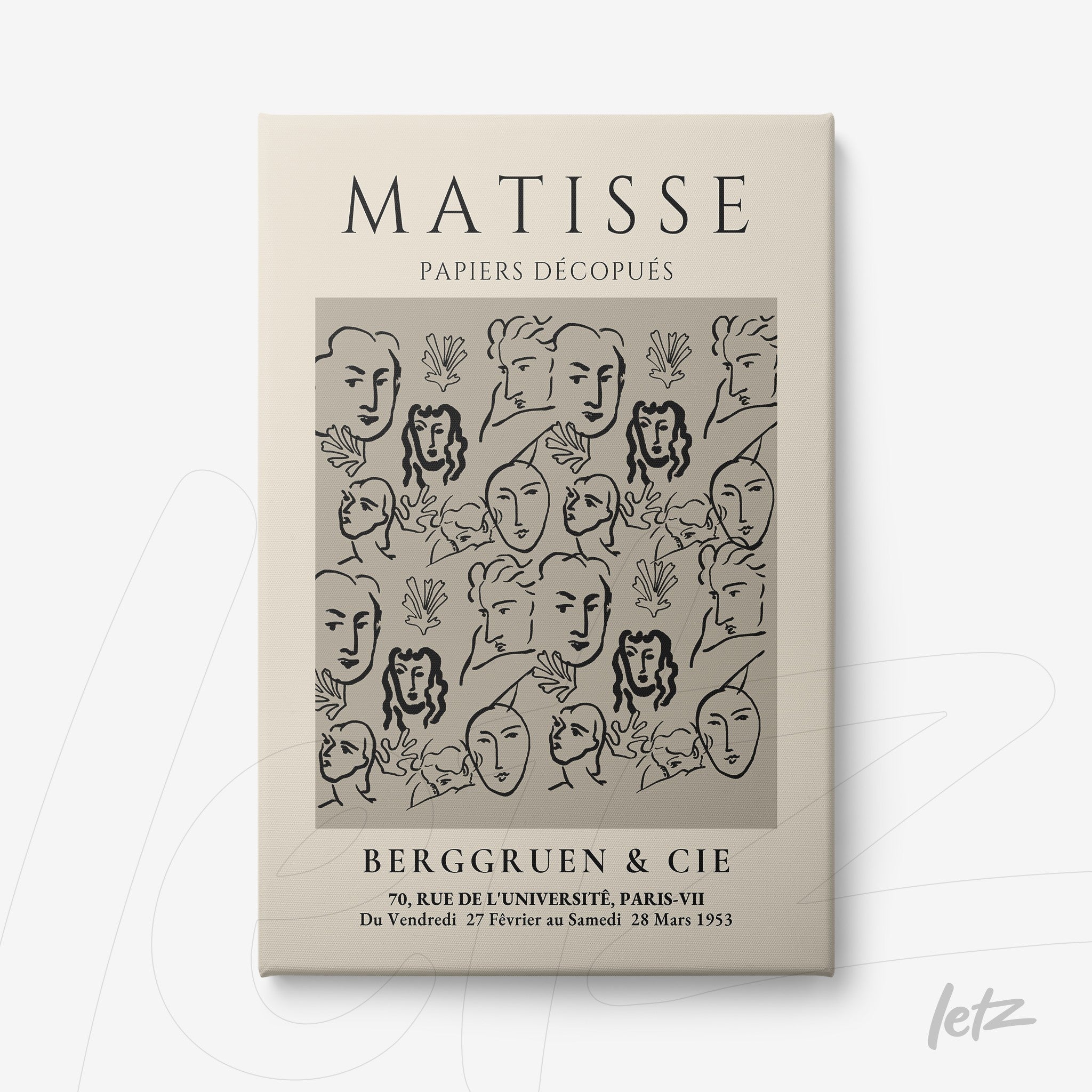 framed artwork featuring a minimalist design of stylized faces on a light background with a neutral frame