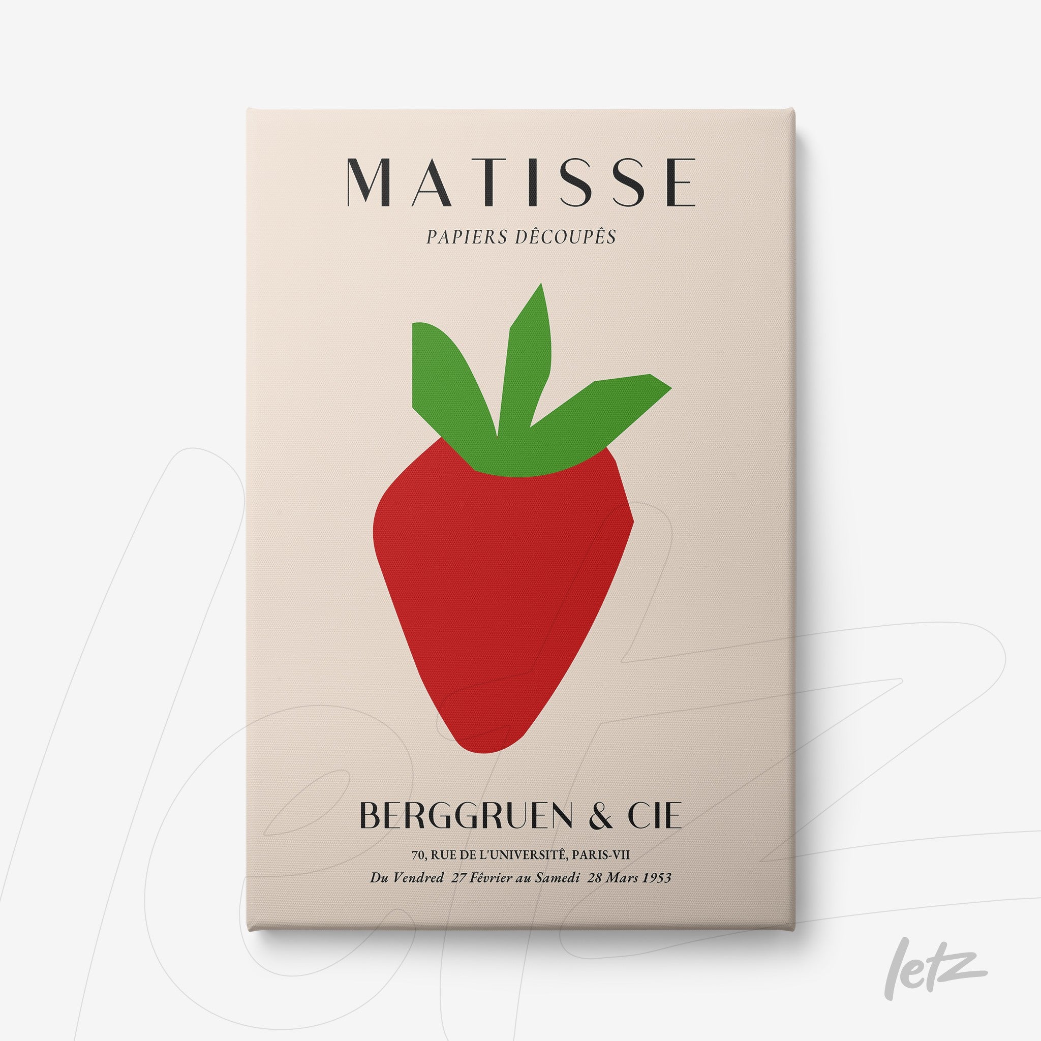 modern artwork featuring a strawberry in simple geometric shapes and vibrant colors on a light background