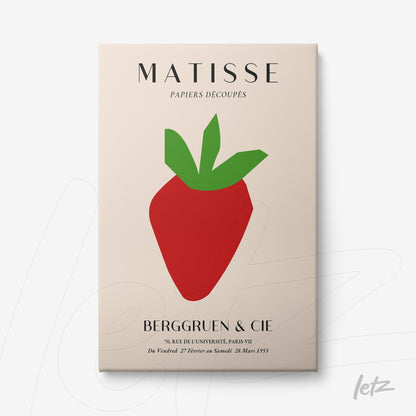 modern artwork featuring a strawberry in simple geometric shapes and vibrant colors on a light background