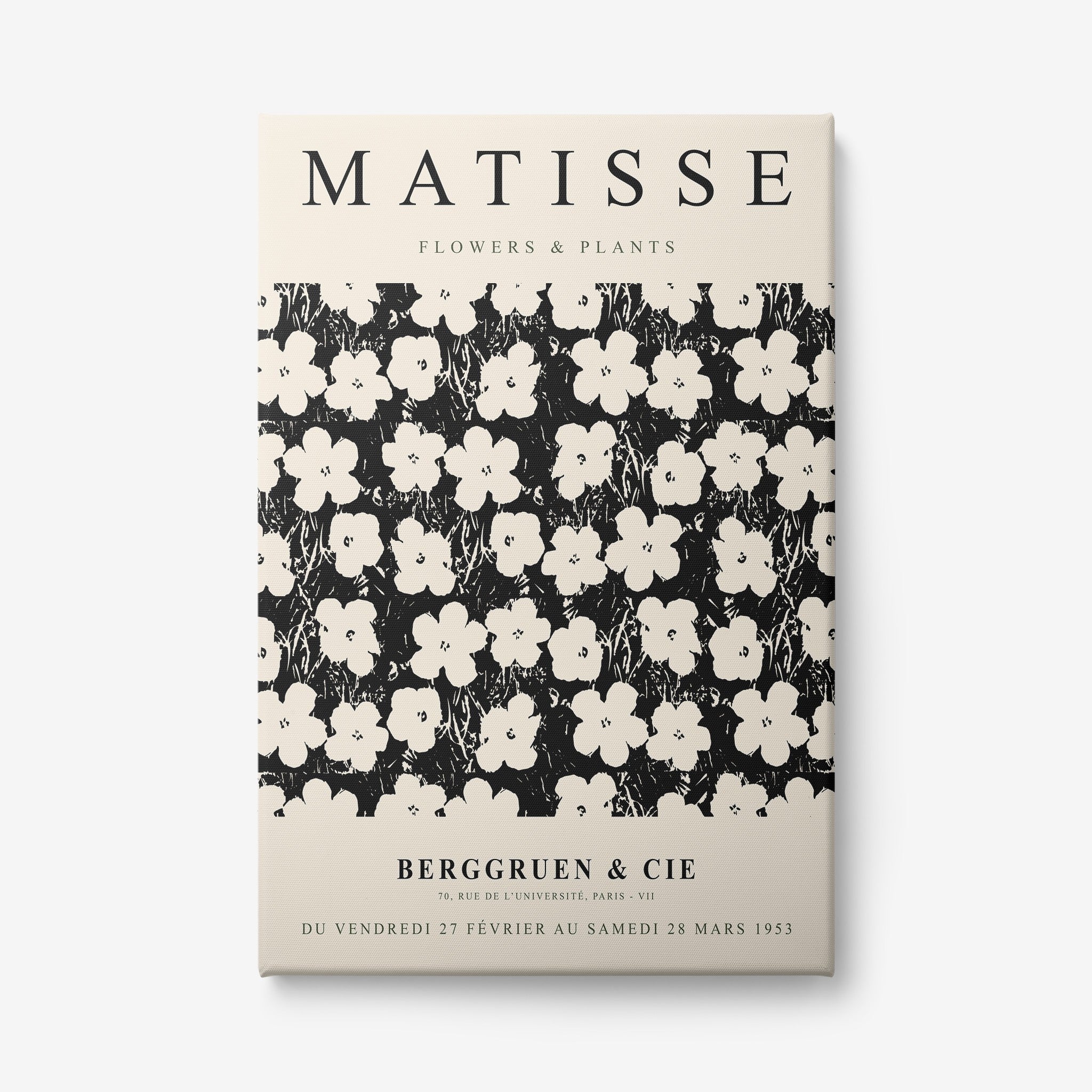 framed artwork inspired by matisse featuring a black and white floral pattern alongside details of an art gallery