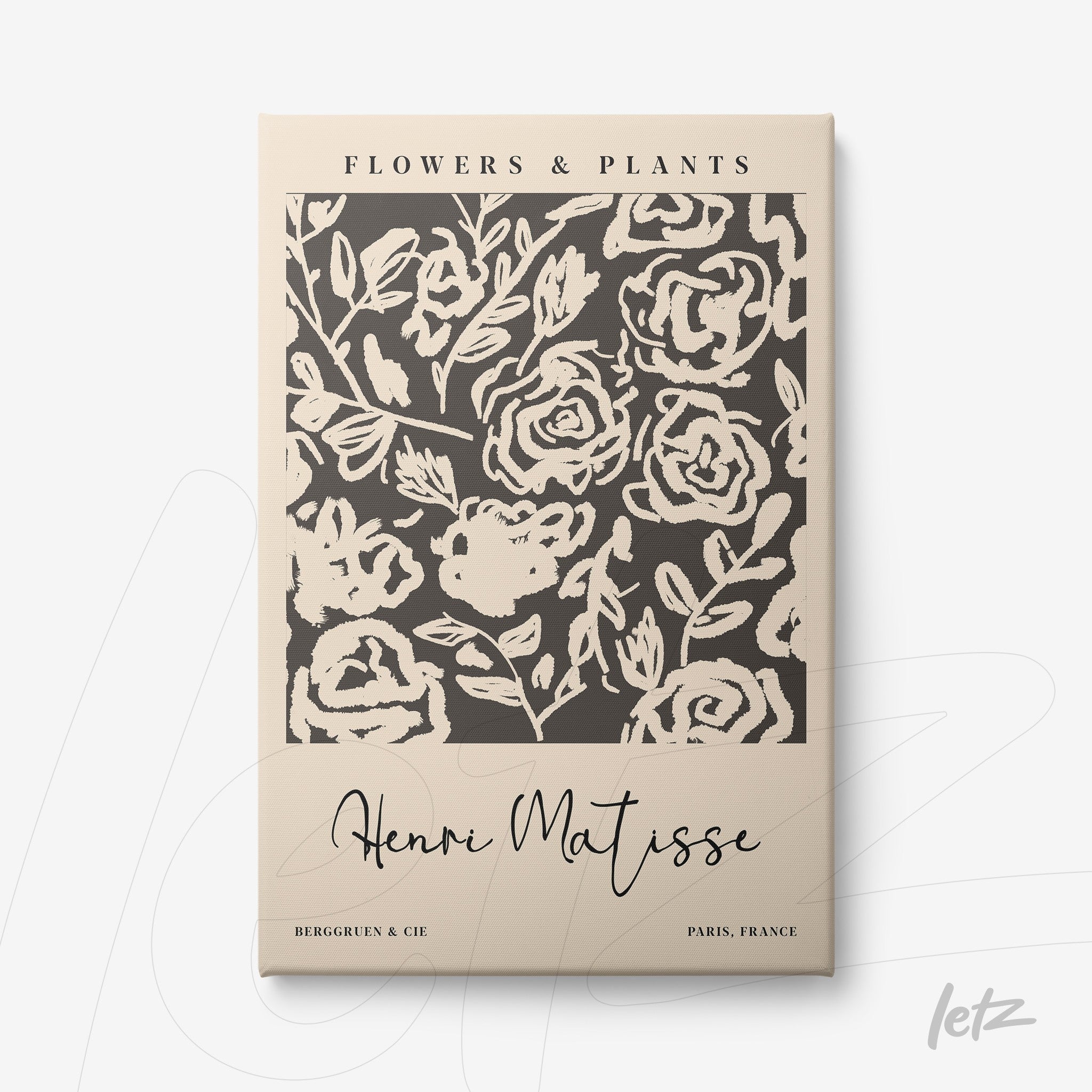 canvas print featuring a floral design in beige and brown tones with stylized roses, light frame, and vintage text