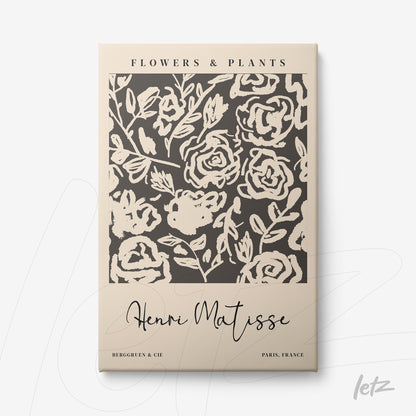 canvas print featuring a floral design in beige and brown tones with stylized roses, light frame, and vintage text