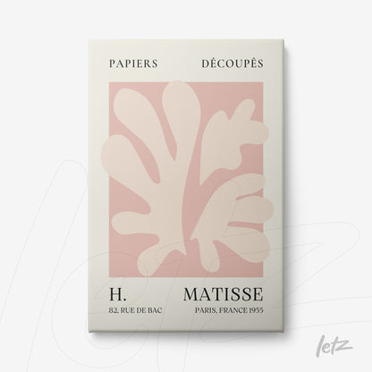 framed wall art featuring soft-toned cut-out shapes inspired by Matisse, with a pink background and organic forms