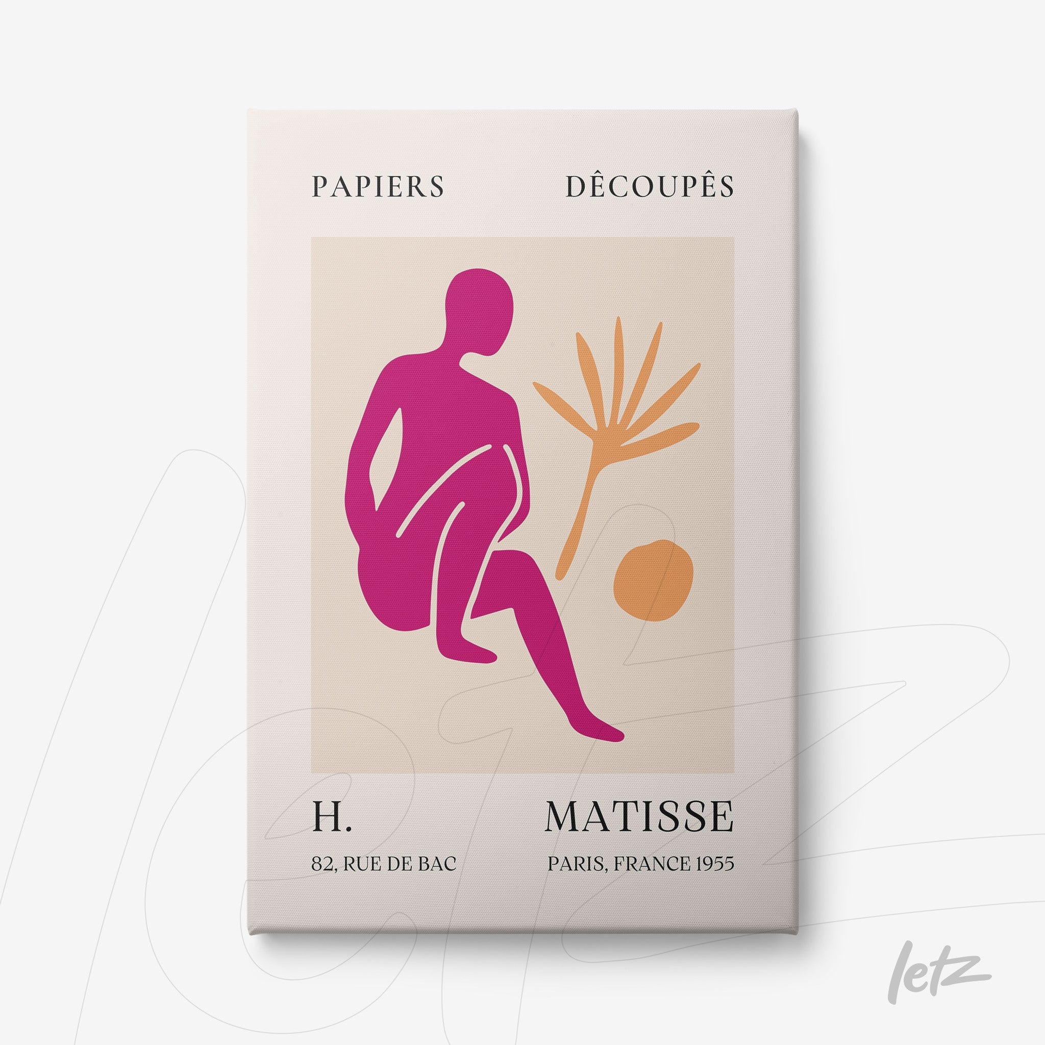 framed artwork featuring a graphic design of a seated human figure in pink tones, accompanied by a palm leaf and a circle, with a light frame