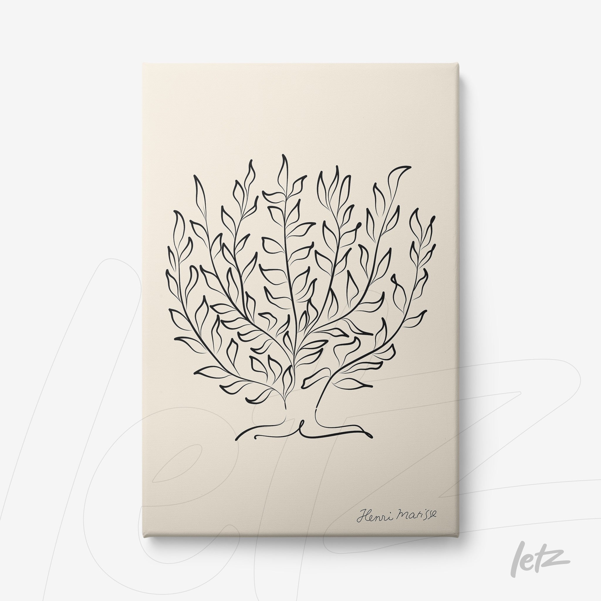 canvas artwork featuring a minimalist line drawing of leaves in black on a light background