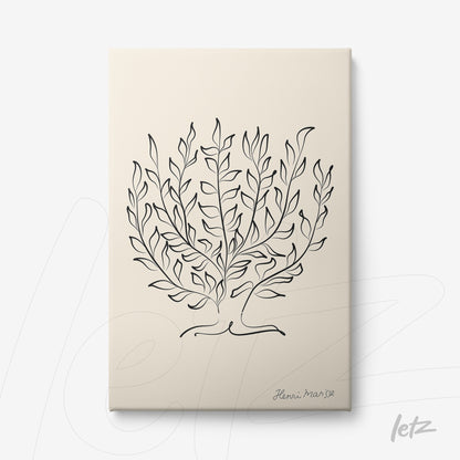 canvas artwork featuring a minimalist line drawing of leaves in black on a light background