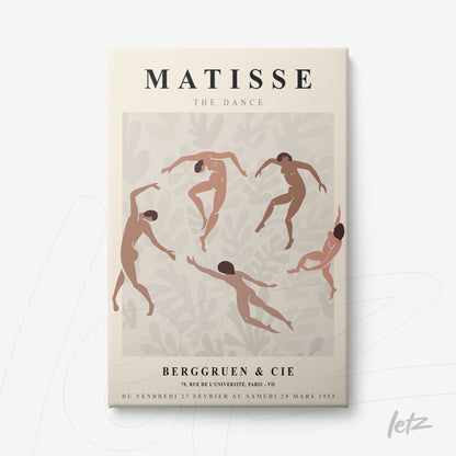 framed modern art depicting dancers in a minimalist style with a light background and leaf details