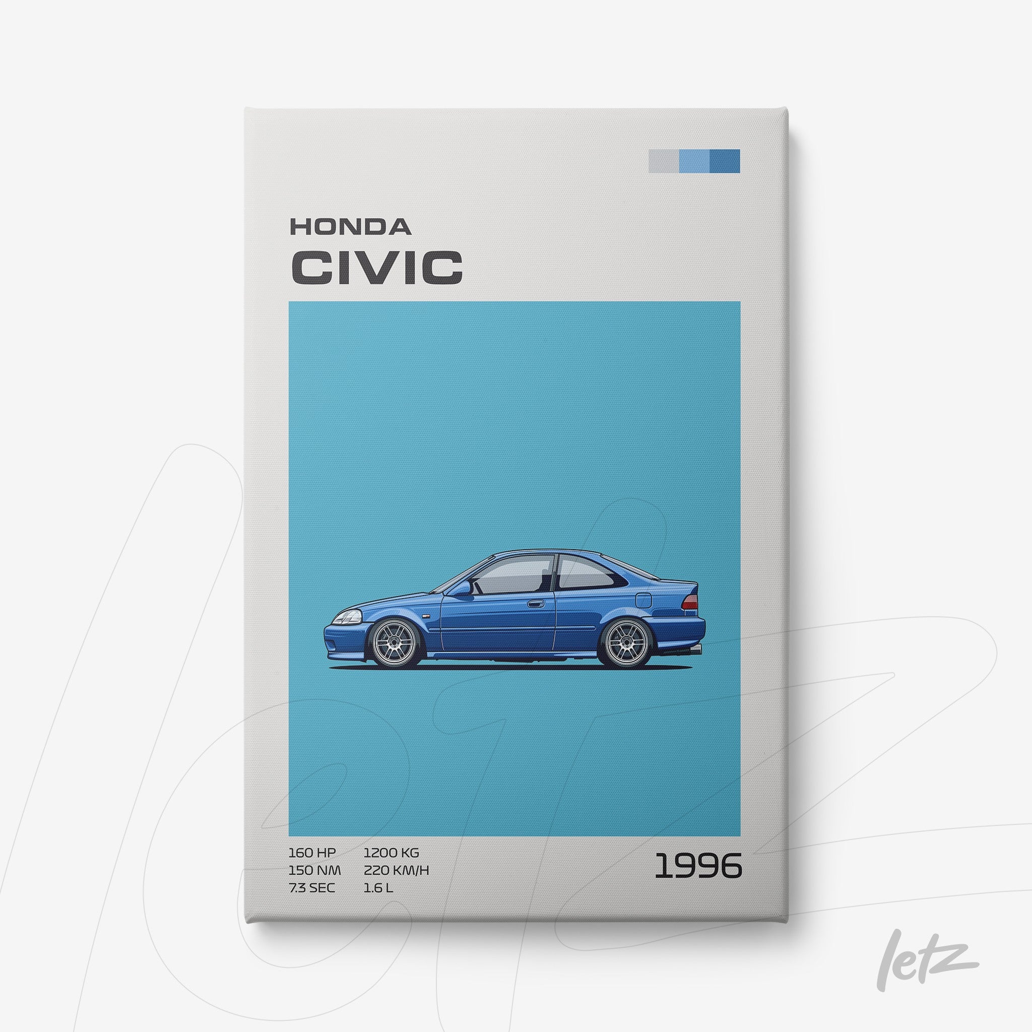 framed artwork featuring a blue 1996 Honda Civic illustration against a light blue background