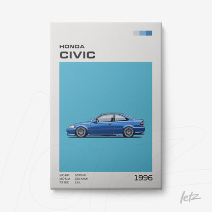 framed artwork featuring a blue 1996 Honda Civic illustration against a light blue background