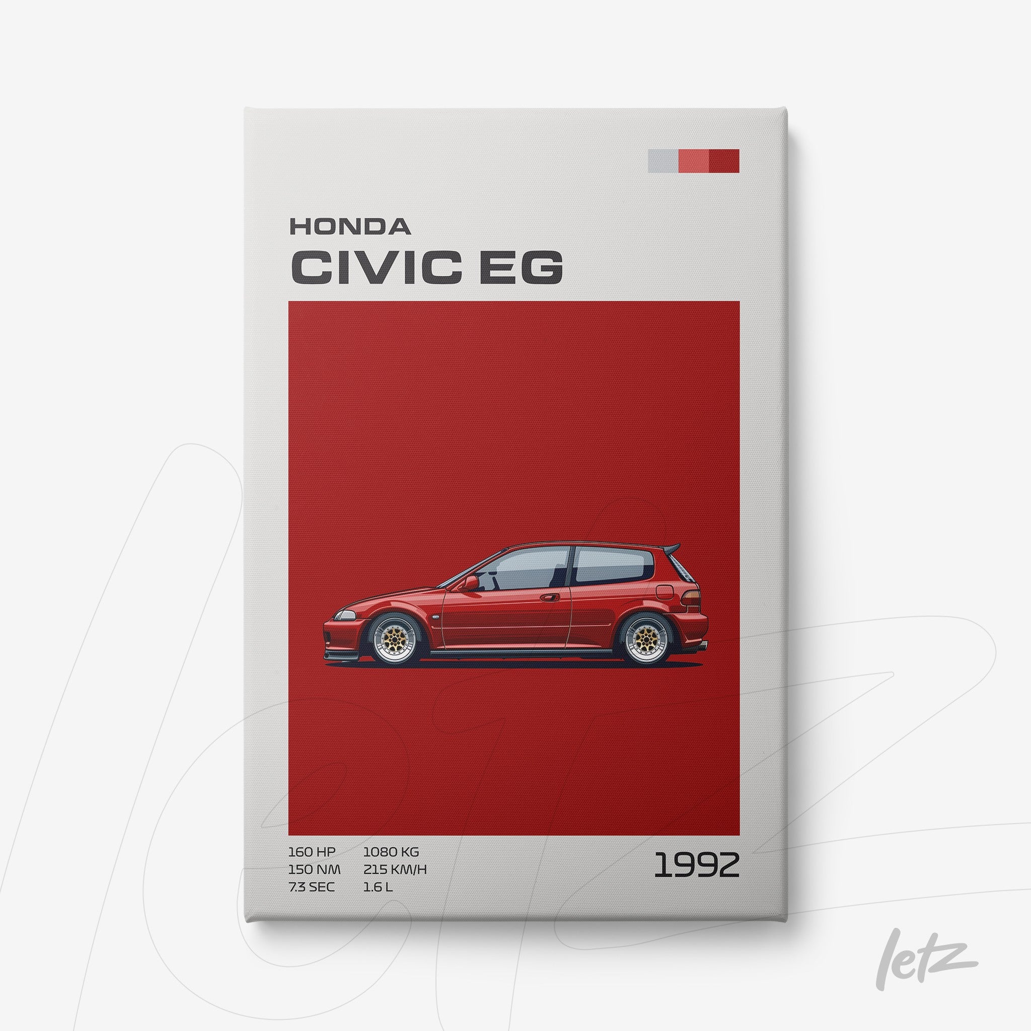 framed digital art of a red Honda Civic EG on a red background with technical details at the bottom