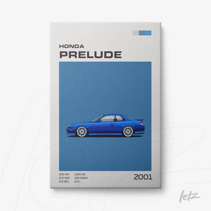 digital art print of a 2001 Honda Prelude in blue on a blue background featuring black and white details