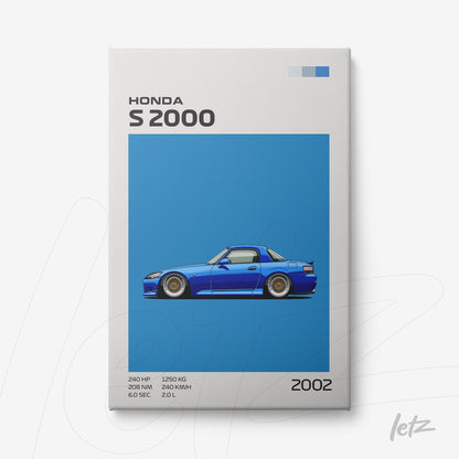canvas print featuring an illustration of Honda S2000 car on blue background