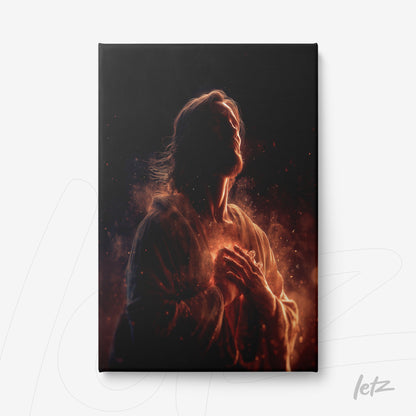 canvas art featuring a spiritual figure illuminated amidst light and smoke