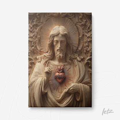 canvas print featuring an artistic representation of the Sacred Heart of Jesus in relief, with wood-toned details and a light background