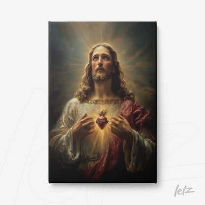 canvas art depicting sacred image of jesus christ with radiant heart against a dramatic background